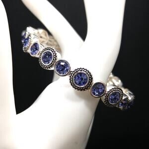 Blue Lavender Rhinestone Silver Tone Stretch Bracelet, 7 1/2 Inches